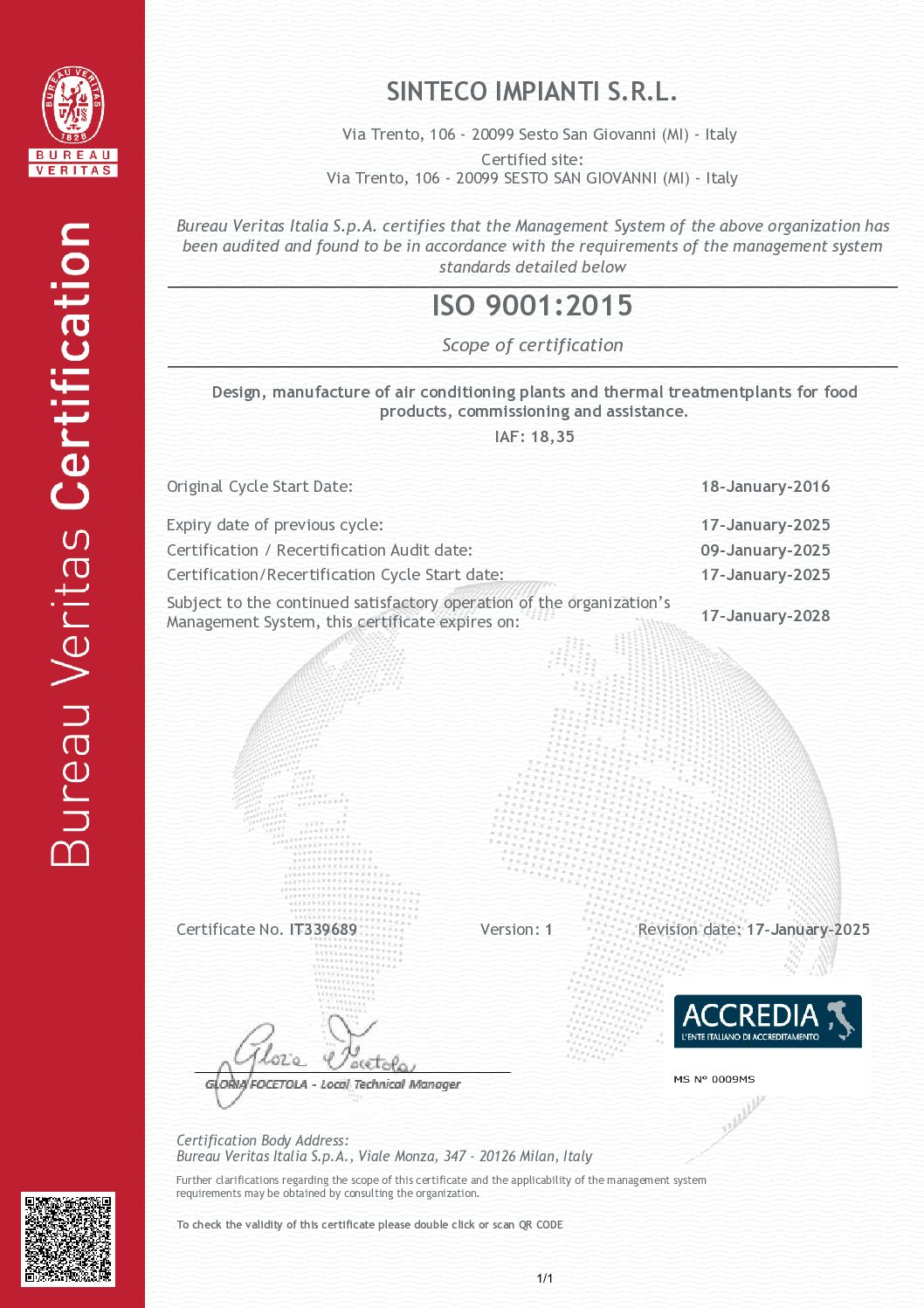 Certificate IT339689 SINTECO IMPIANTI S.R.L 9001 ENG