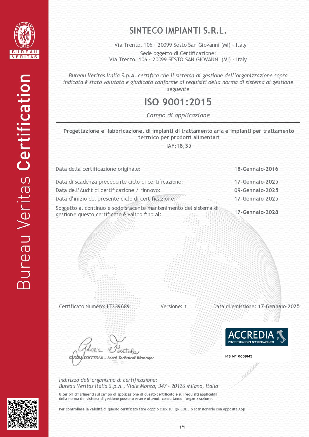 Certificate IT339689 - SINTECO IMPIANTI S.R.L - ISO9001